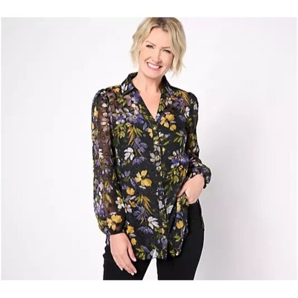 Susan Graver Sheer Woven Clip Dot Button Front Tunic  Violet/Gold Small A626990 - Picture 1 of 2